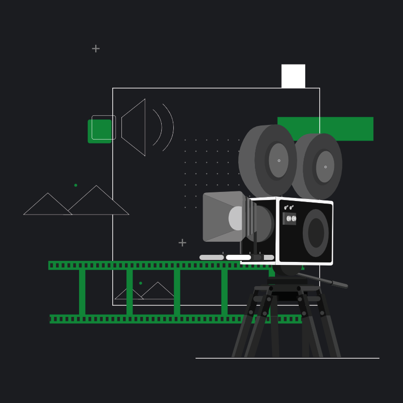 Graphic illustration stylized in black, white and green showing film camera and film strip. Video production Edmonton, Calgary, Alberta Canada